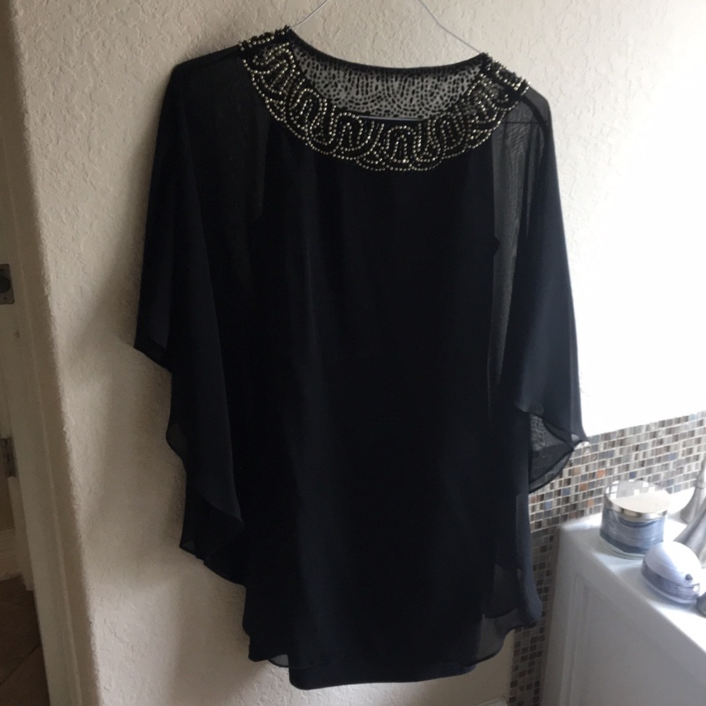 Beaded Neck Shift Dress w/Flutter Cape